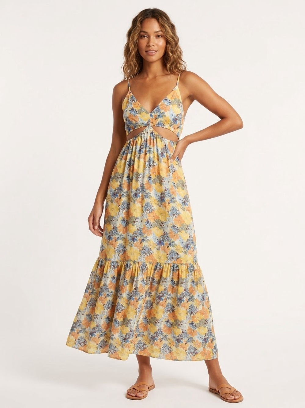 Abercrombie & Fitch Yellow & Blue Floral Tiered Cutout Midi Dress